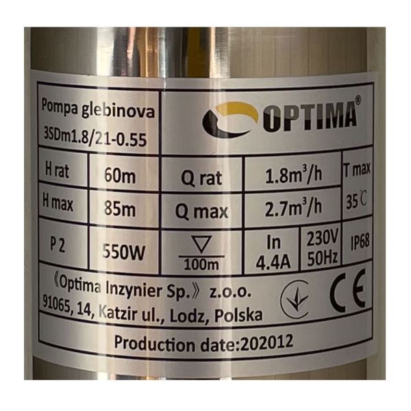 Насос свердловинний з підв, стійк, до піску 3 OPTIMA 3SDm1,8/21 0,55 кВт 85м +пульт+кабель 45м NEW