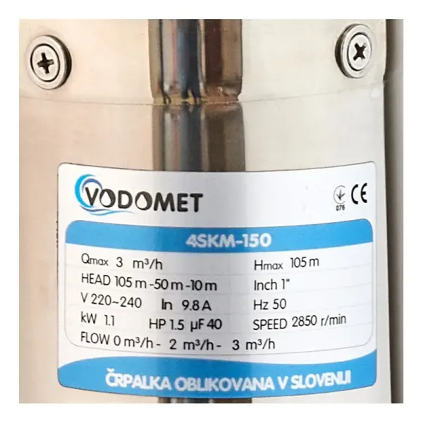 Насос VODOMET 4SKM-150 Н=105М, Q=3кбМ, P=1,1кВт, (10м кабеля) Ø100мм вихревой, скважинный, глубинный