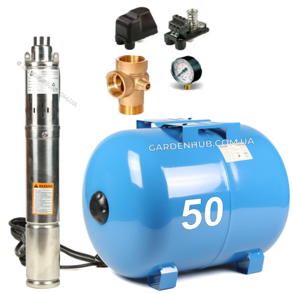 Глибинна насосна станція Delta 3TRW 1,2 - 50 0,28 kW Ø75мм (10м кабелю) + гідроакумулятор на 50 літрів