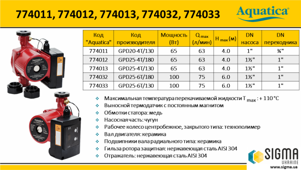 Насос циркуляційний з термодатчиком 100Вт Hmax 6м Qmax 75л/хв 1" 180мм+гайки 1" AQUATICA (774032)