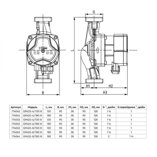 Насос циркуляційний енергозберігаючий 5-60Вт Hmax 8м Qmax 63л/хв Ø1½" 130мм + гайки Ø1" AQUATICA GPA25-8/130 III (774062)