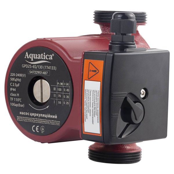 Насос циркуляційний 100Вт Hmax 6м Qmax 75л/хв 1" 130мм+гайки 1" AQUATICA (774133)
