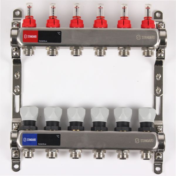Колектор Standard 1" - 3/4" на 6 виходів в зборі для теплої підлоги